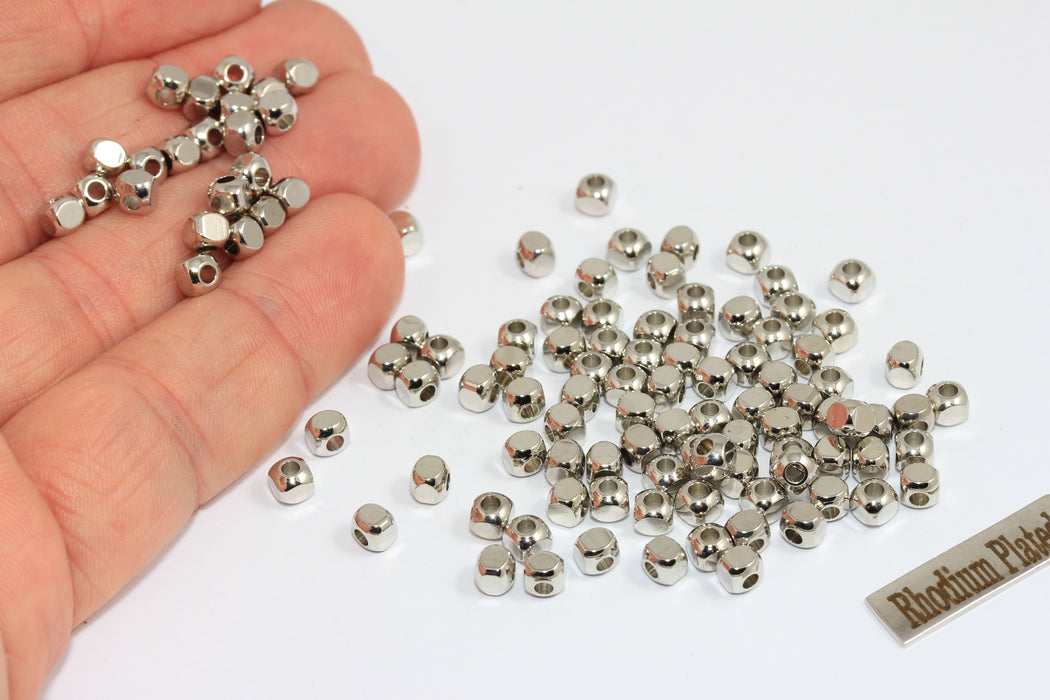 4mm Rhodium Plated Cube Beads, Spacer Beads, Cube Charms, AE114