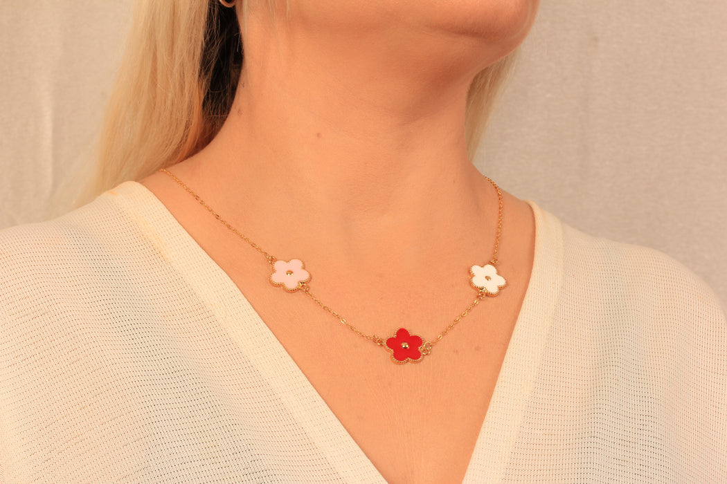 17'' +2'' 24k Shiny Gold Flower Ready Necklace, Enamel Clover Flower Charm Necklace, DC16-9