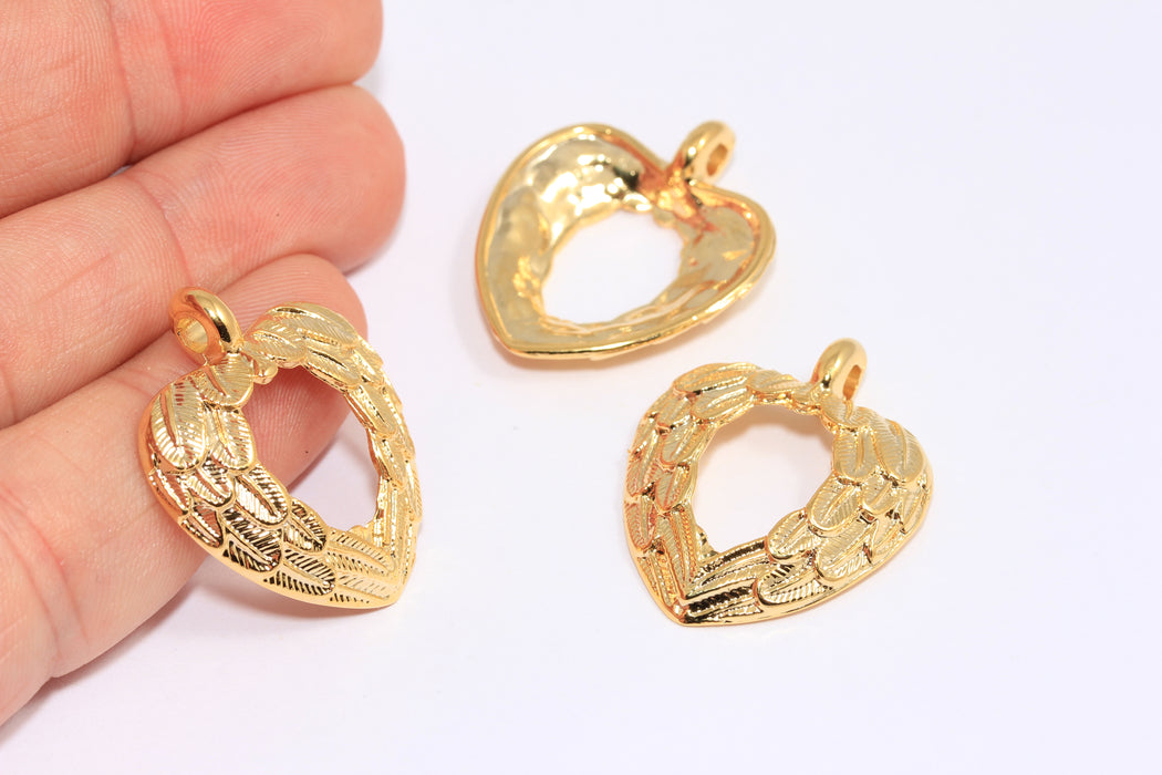 25mm 24k Shiny Gold Heart Pendant, Heart Frame Necklace Charms, Outline Heart Medallion, ROSE578
