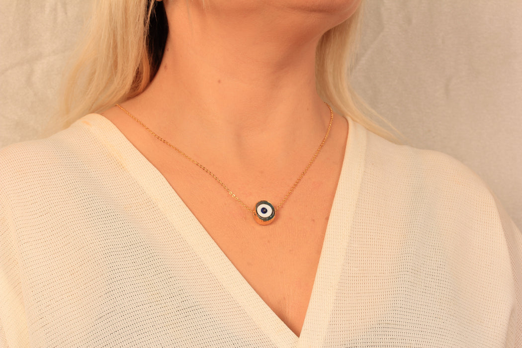 17'' +2'' 24k Shiny Gold Evil Eye Ready Necklace, Green Enamel Evil Eye Charm Necklace, DC16-20