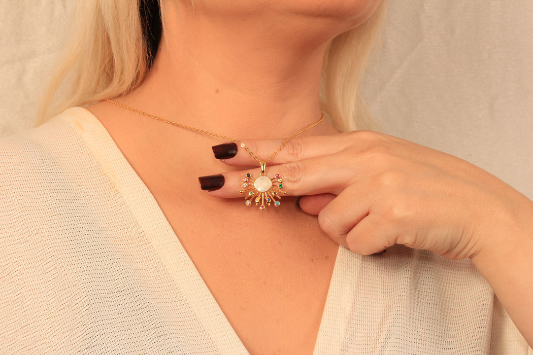 17'' +2'' 24k Shiny Gold Micro Pave Galaxy Pendant Ready Necklace, CZ Sun And Stars Charm Necklace, DC16-24