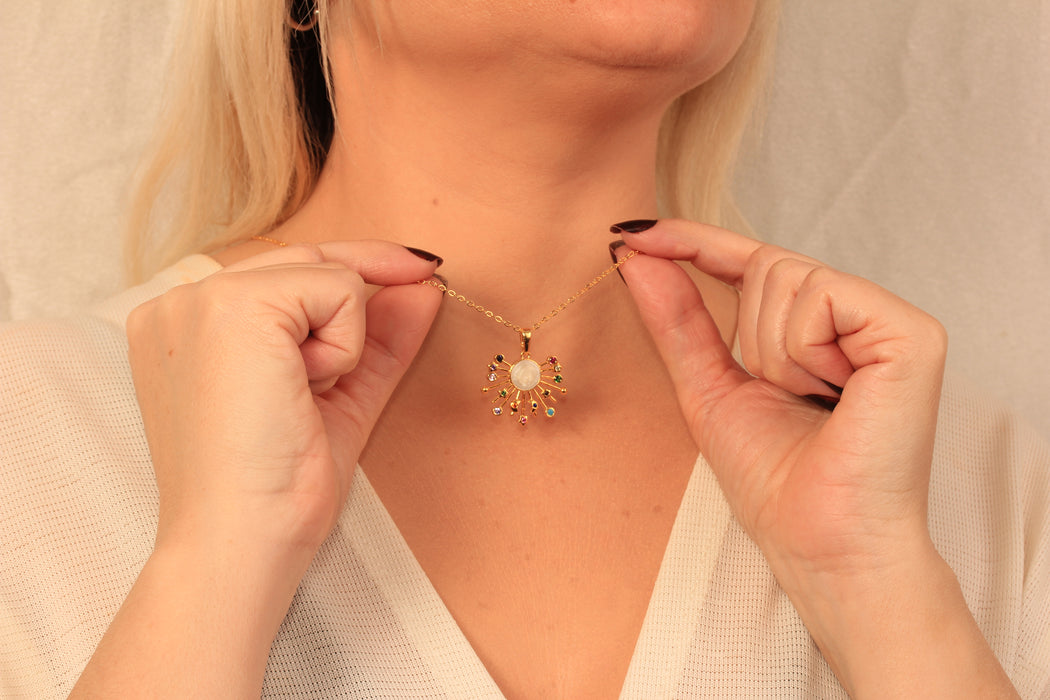 17'' +2'' 24k Shiny Gold Micro Pave Galaxy Pendant Ready Necklace, CZ Sun And Stars Charm Necklace, DC16-24