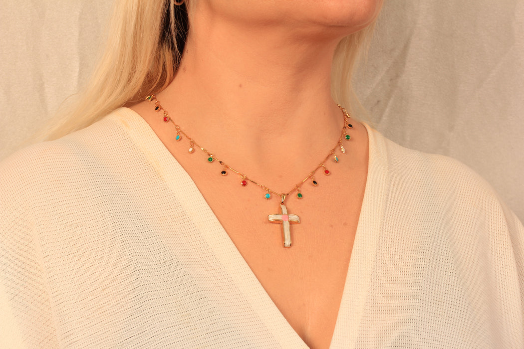 Gold Necklace With Sun Beads And Cross Pendant