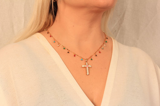 Gold Necklace With Sun Beads And Cross Pendant