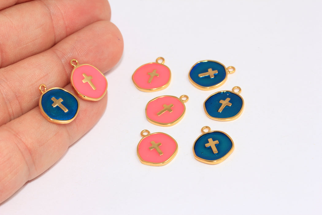 13,5mm 24k Shiny Gold Enamel Cross Charm, Optional Color Enamel Cross Necklace, Cross Coin Beads,