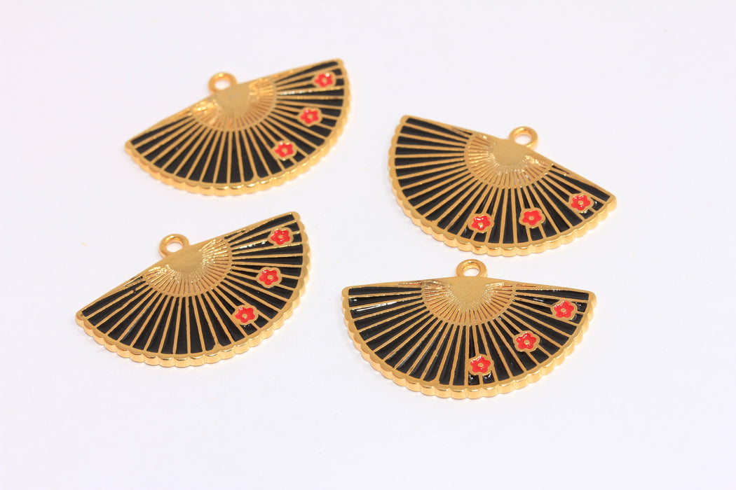 17,5x32mm 24k Shiny Gold Sector Charms, Black Enamel Color Fan Pendant With 1 Loop, MTE1349