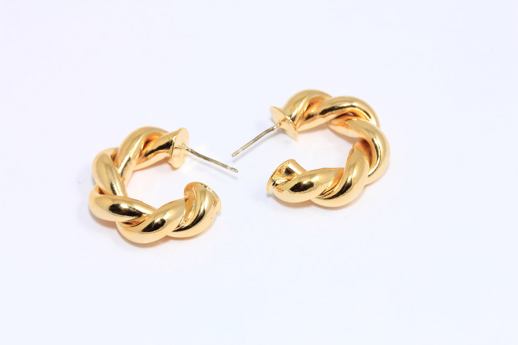 25mm 24k Shiny Gold Lever Back Earrings, Thick Braided Gold Hoop Earrings, Midi Hoops, BRT738