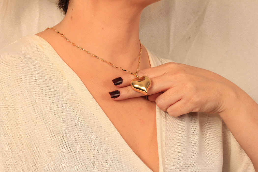 17'' +2'' 24k Shiny Gold Heart Medallion Ready Necklace, Puffed Heart Shaped Pendant Necklace, DC16-36