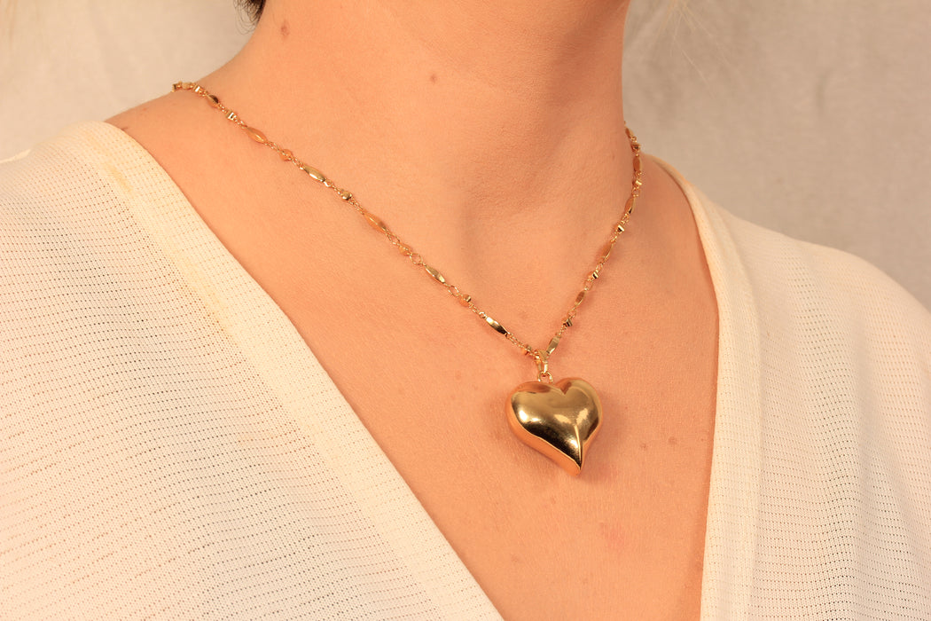 17'' +2'' 24k Shiny Gold Heart Medallion Ready Necklace, Puffed Heart Shaped Pendant Necklace, DC16-36