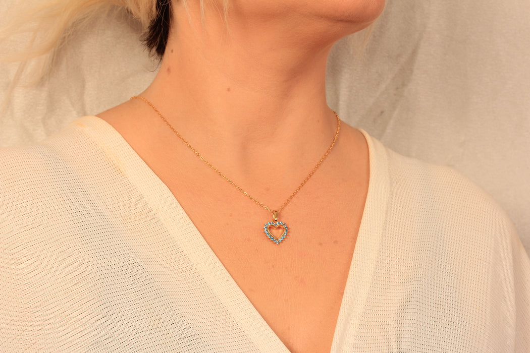 17'' +2'' 24k Shiny Gold CZ Heart Charm Ready Necklace, Micro Pave Turquoise Stone Heart Pendant, Dainty Necklace, DC16-38