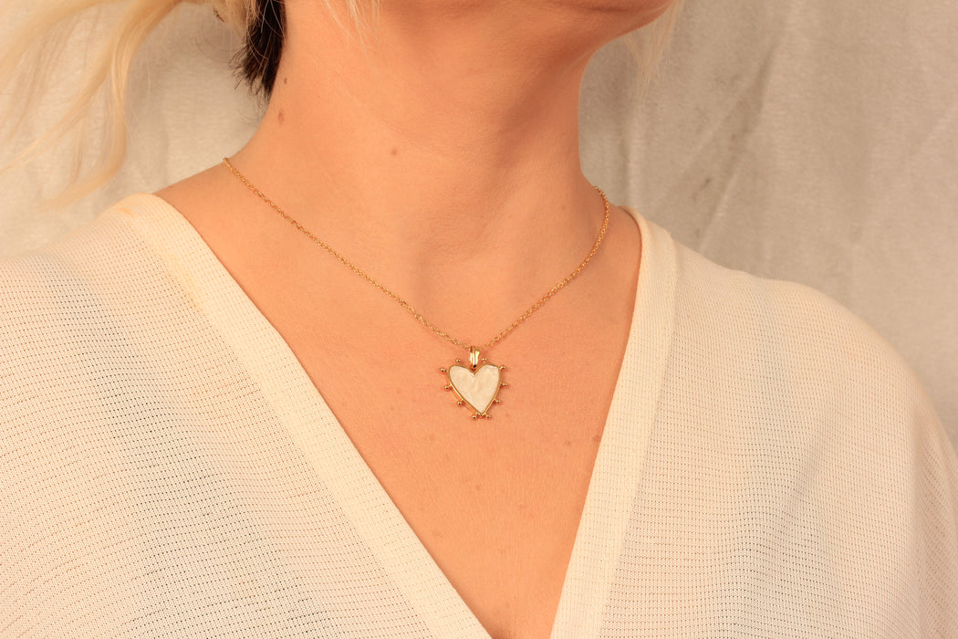 17'' +2'' 24k Shiny Gold Heart Charm Ready Necklace, White Enamel Heart Pendant Necklace, Dainty Necklace, DC16-40