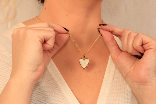 White Pearl Enamel Heart Medallion Necklace