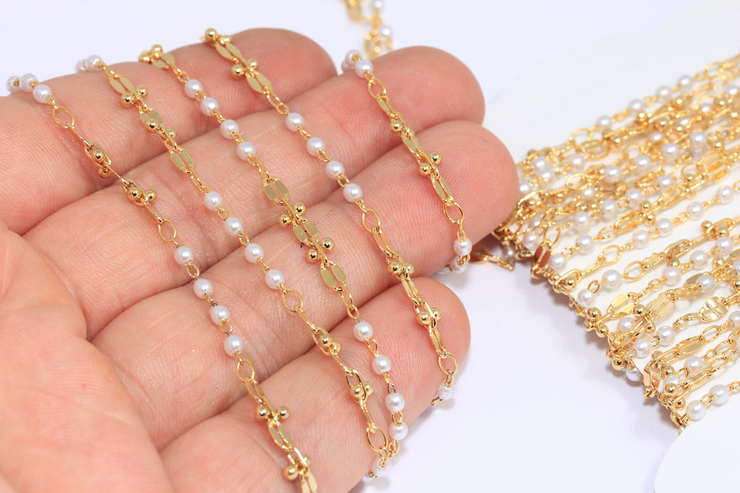 2,5mm 24k Shiny Gold Pearl Chain, Beaded Chains, Chain With Pearl Beads, Ankle Bracelet Chain, BXB178-5