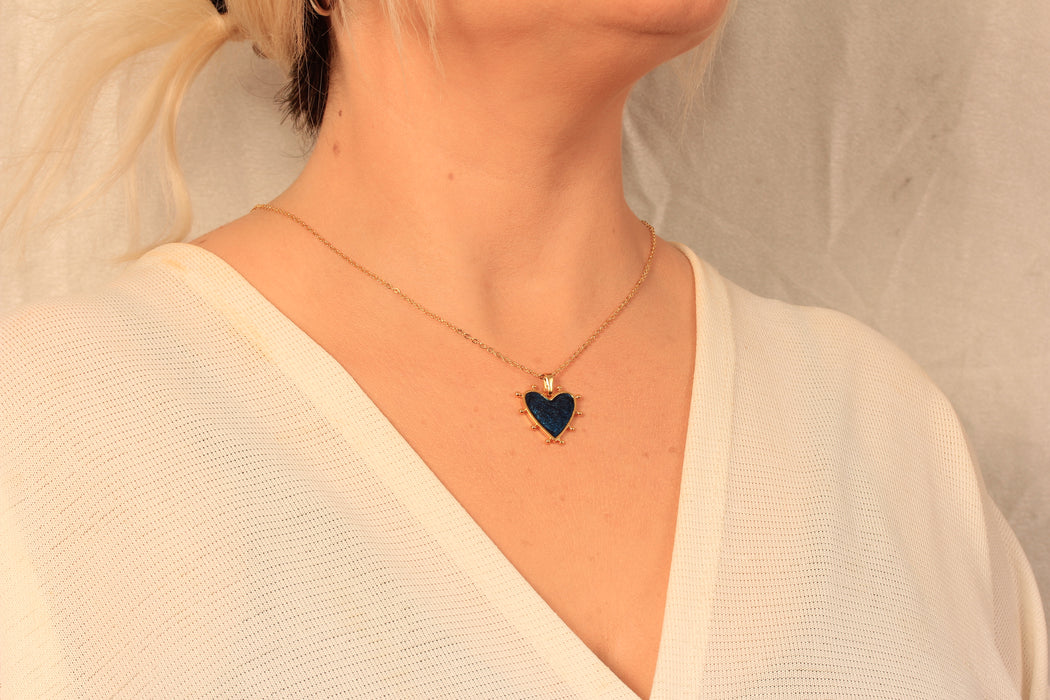 17'' +2'' 24k Shiny Gold Heart Charm Ready Necklace, Night Blue Enamel Heart Pendant Necklace, Dainty Necklace, DC16-41