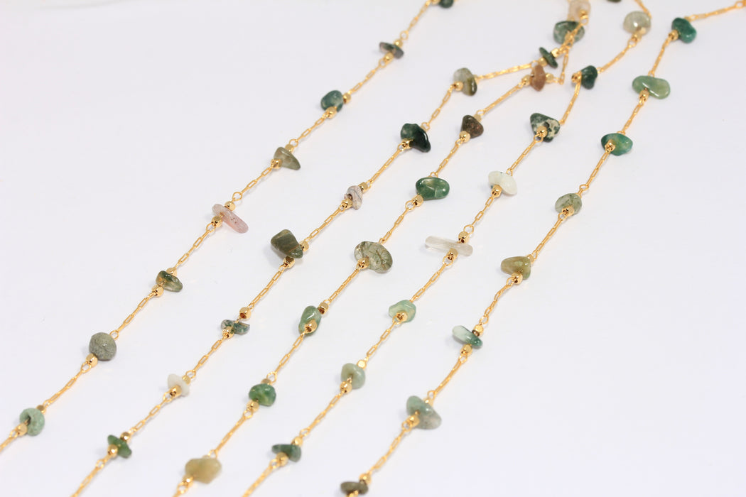 4mm 24k Shiny Gold Beaded Chain, Rosary Style Stone Chains, Chain With Green Stone Beads, BXB259-5