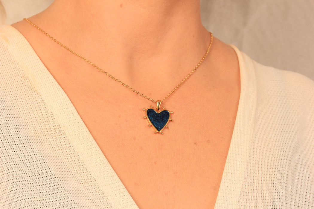 17'' +2'' 24k Shiny Gold Heart Charm Ready Necklace, Night Blue Enamel Heart Pendant Necklace, Dainty Necklace, DC16-41