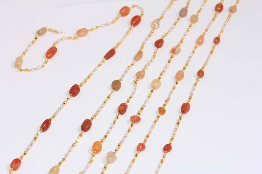 3,5mm 24k Shiny Gold Beaded Chain, Rosary Style Stone Chains, Chain With Red Stone Beads, BXB116-5