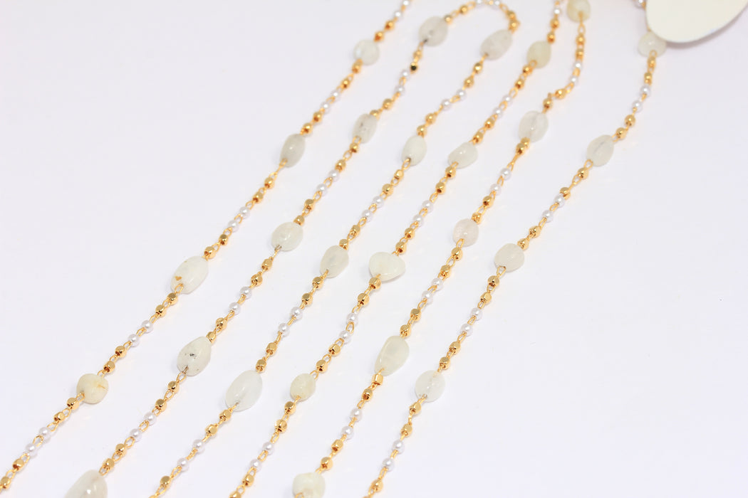 4mm 24k Shiny Gold Beaded Chain, Rosary Style Stone Chains, Chain With White Stone Beads, BXB70-5
