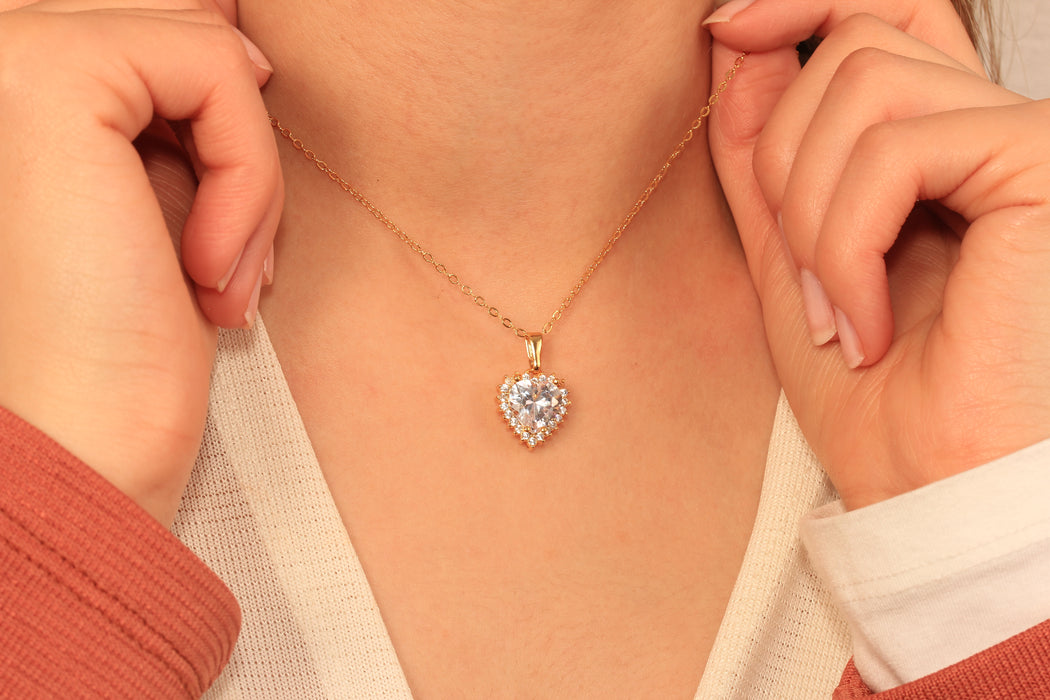 17'' +2'' 24k Shiny Gold CZ Heart Charm Ready Necklace, Micro Pave Purple Stone Heart Pendant, Dainty Necklace, DC18-2