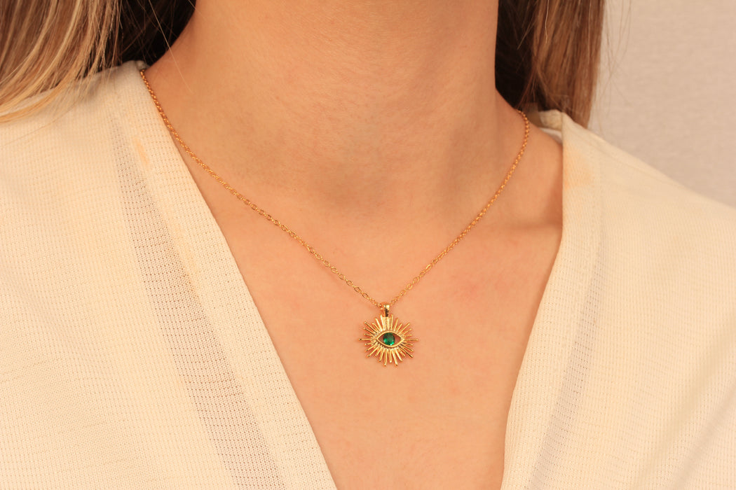 17'' +2'' 24k Shiny Gold CZ Evil Eye Ready Necklace, Green Stone Eye Charm Necklace, DC18-3