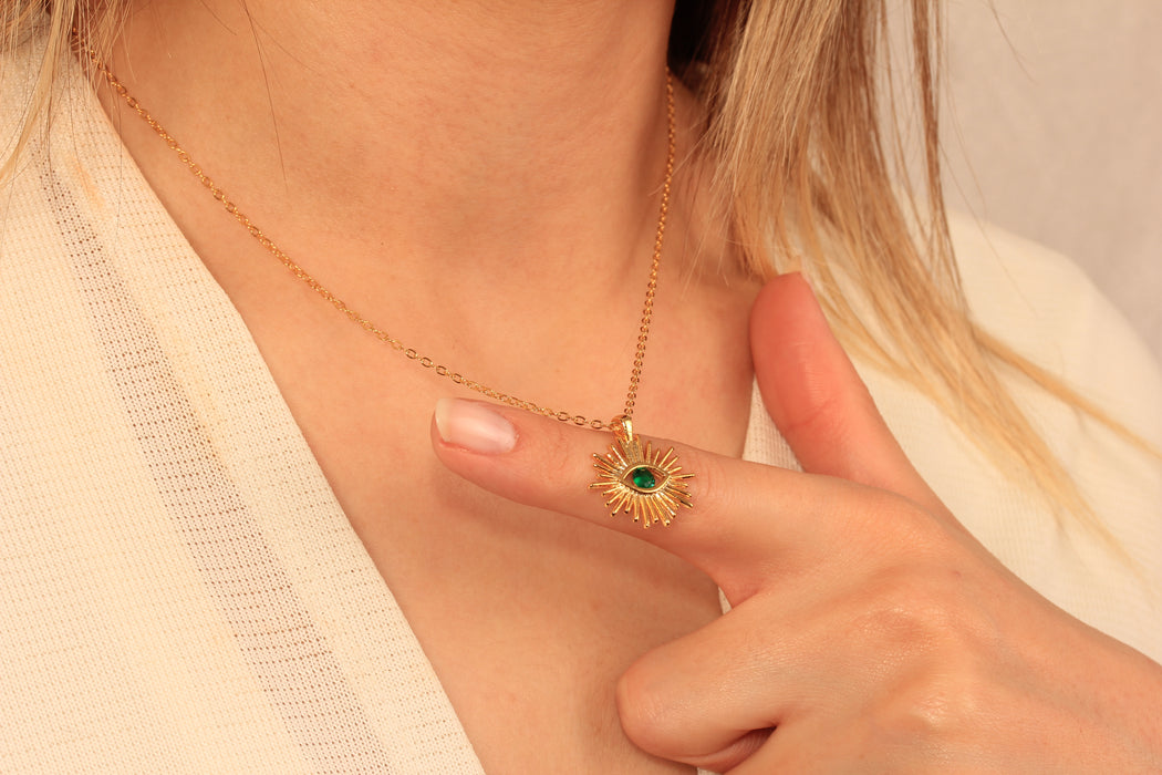 17'' +2'' 24k Shiny Gold CZ Evil Eye Ready Necklace, Green Stone Eye Charm Necklace, DC18-3