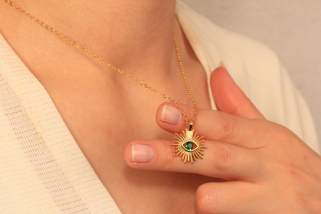 17'' +2'' 24k Shiny Gold CZ Evil Eye Ready Necklace, Green Stone Eye Charm Necklace, DC18-3
