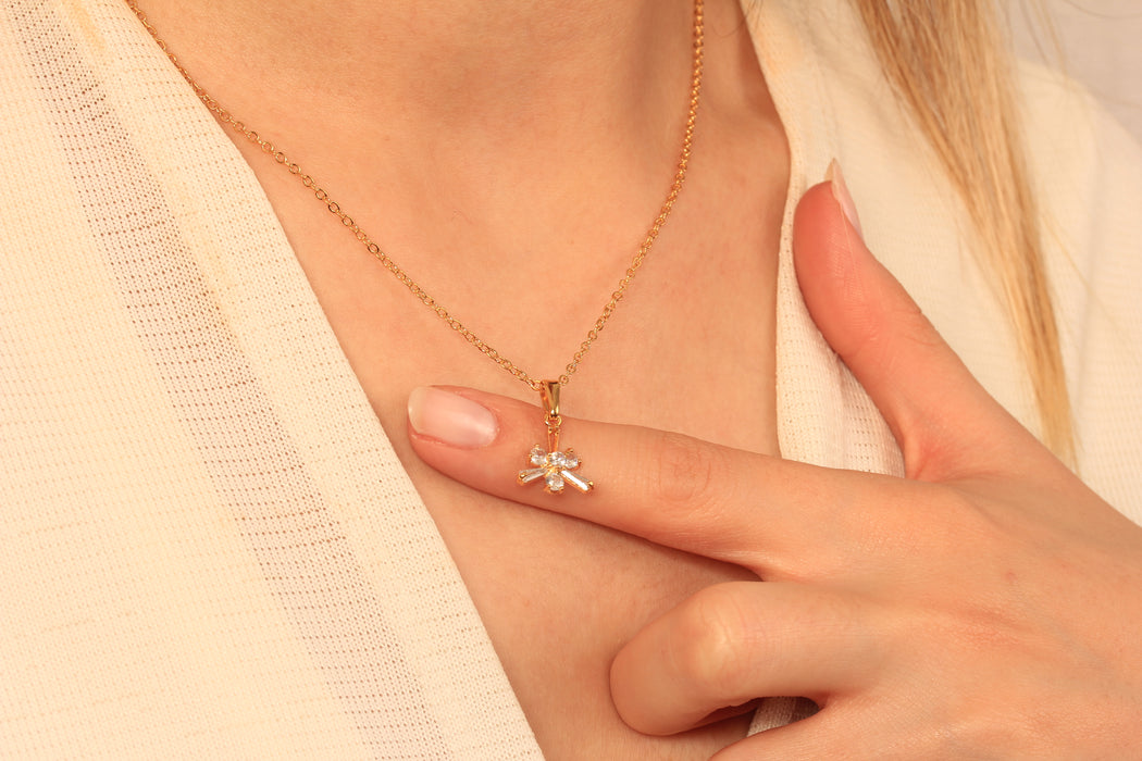 17'' +2'' 24k Shiny Gold CZ Bow Tie Charm Ready Necklace, Micro Pave White Stone Bow Pendant, Dainty Necklace, DC18-4