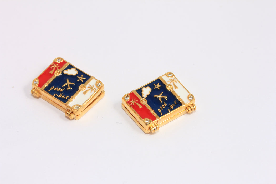 24k Shiny Gold CZ Travel Bag Charms, Enamel Travel Bag Beads, CZ Suitcase Charms, USA Flag Necklace Pendant, MLS799-1
