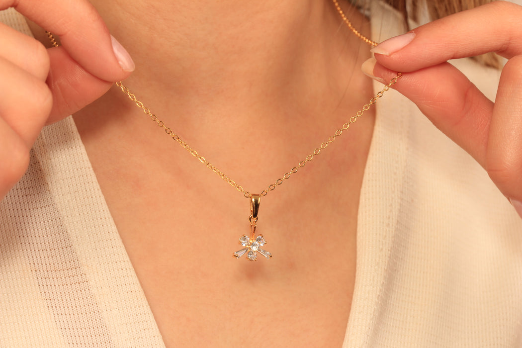 17'' +2'' 24k Shiny Gold CZ Bow Tie Charm Ready Necklace, Micro Pave White Stone Bow Pendant, Dainty Necklace, DC18-4