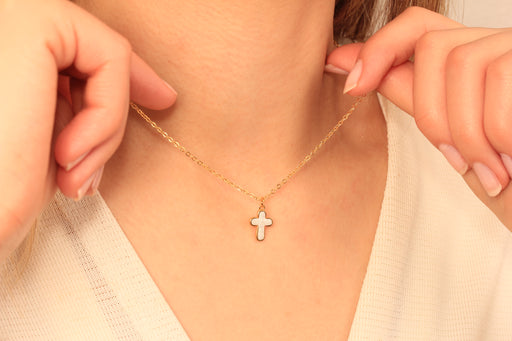 Gold Necklace With White Enamel Cross Charm