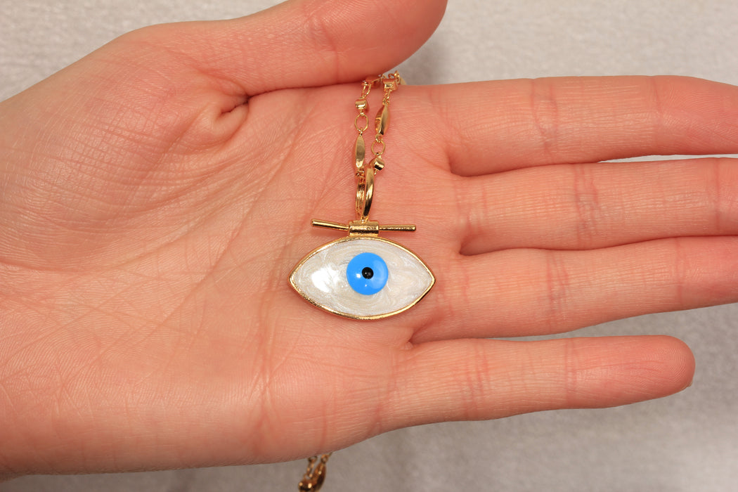 17'' +2'' 24k Shiny Gold Evil Eye Ready Necklace, Enamel Evil Eye Medallion Necklace, DC18-7