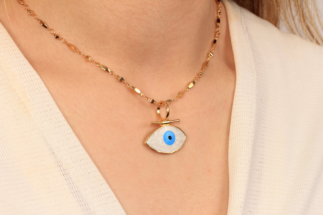 17'' +2'' 24k Shiny Gold Evil Eye Ready Necklace, Enamel Evil Eye Medallion Necklace, DC18-7