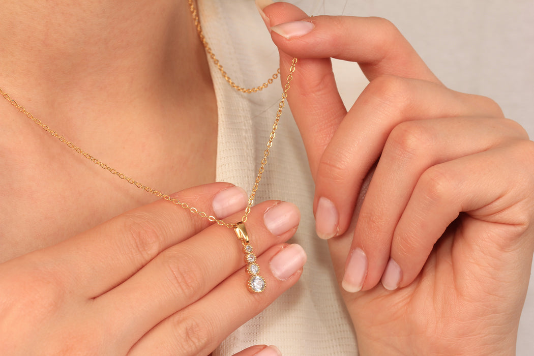 17'' +2'' 24k Shiny Gold CZ Drop Charm Ready Necklace, Micro Pave White Stone Crystal Pendant Dainty Necklace, DC18-8