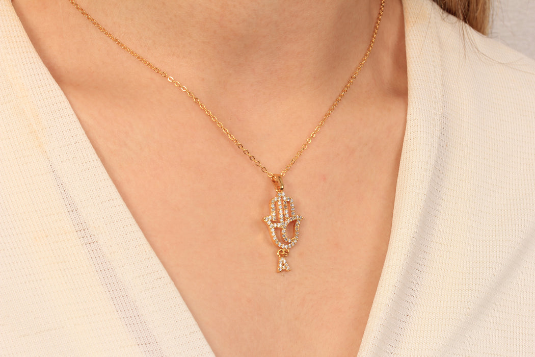 17'' +2'' 24k Shiny Gold CZ Hamsa Charm Ready Necklace, Micro Pave White Stone Hamsa Pendant Dainty Necklace, DC18-11
