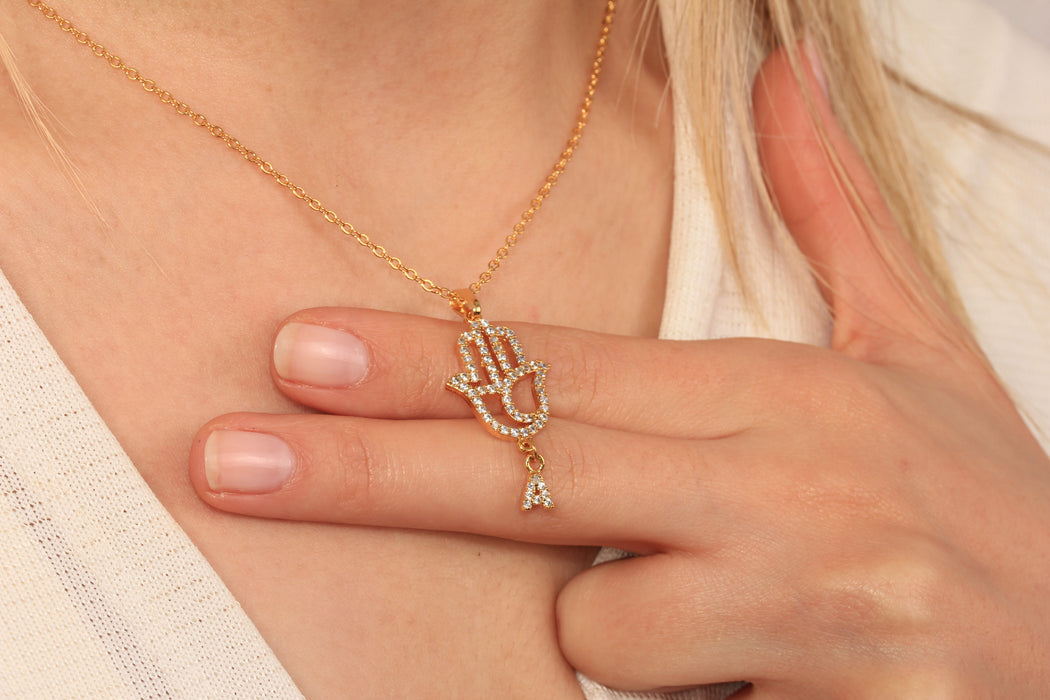 Gold Necklace With Cubic Zirconia Hamsa Charm