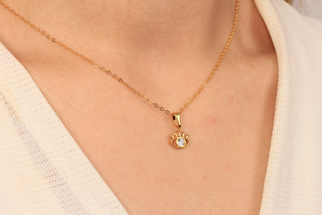 17'' +2'' 24k Shiny Gold CZ Evil Eye Ready Necklace, White Stone Eye Charm Necklace, DC18-12