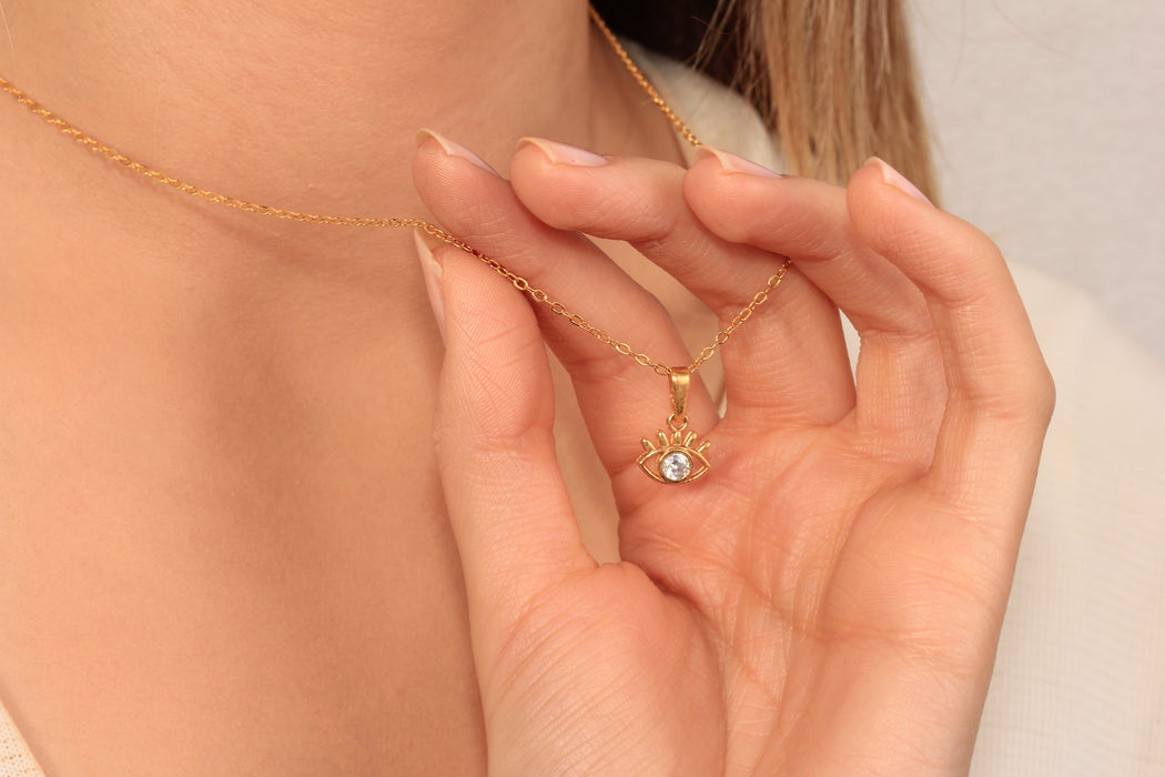 17'' +2'' 24k Shiny Gold CZ Evil Eye Ready Necklace, White Stone Eye Charm Necklace, DC18-12