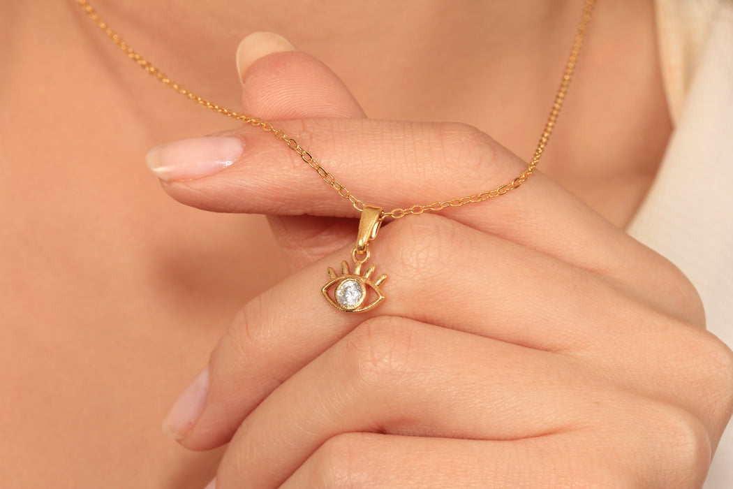 17'' +2'' 24k Shiny Gold CZ Evil Eye Ready Necklace, White Stone Eye Charm Necklace, DC18-12