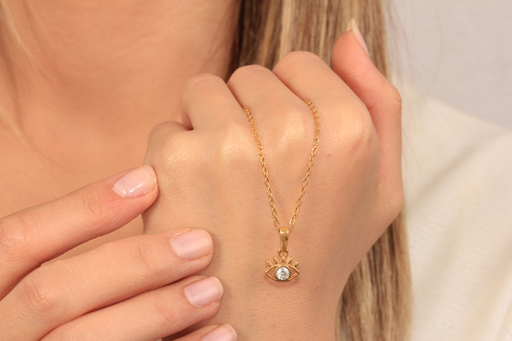 17'' +2'' 24k Shiny Gold CZ Evil Eye Ready Necklace, White Stone Eye Charm Necklace, DC18-12