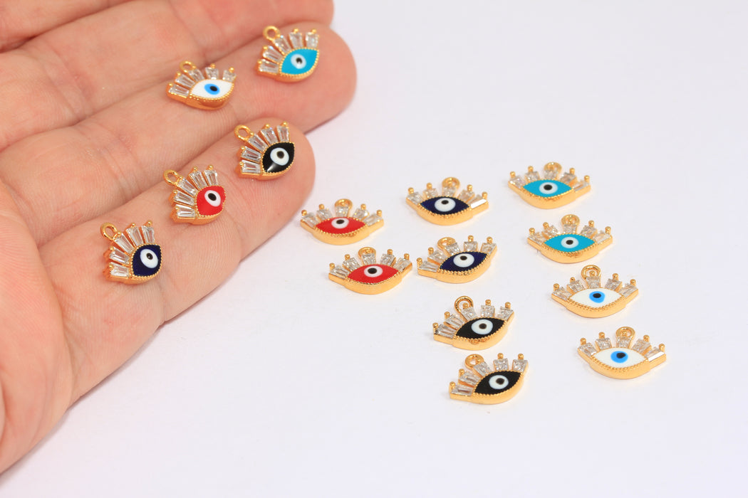 7x12mm 24k Shiny Gold CZ Evil Eye, Micro Pave Evil Eye Charm, Enamel Charm, White Baguette Stone Beads,