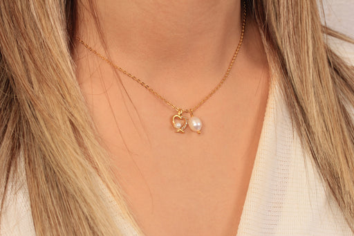 Gold Necklace With Cubic Zirconia Heart Charm And Pearl