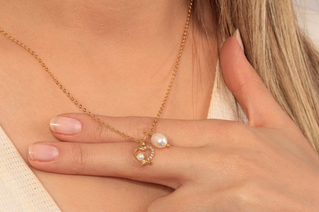 17'' +2'' 24k Shiny Gold CZ Heart Charm Ready Necklace, Micro Pave White Stone Heart With Pearl Pendant, Dainty Necklace, DC18-19