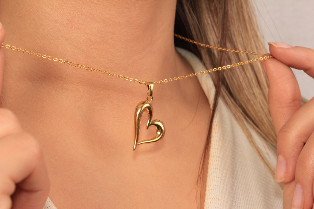 17'' +2'' 24k Shiny Gold Heart Charm Ready Necklace, Cute Heart Shaped Pendant Necklace, DC18-21