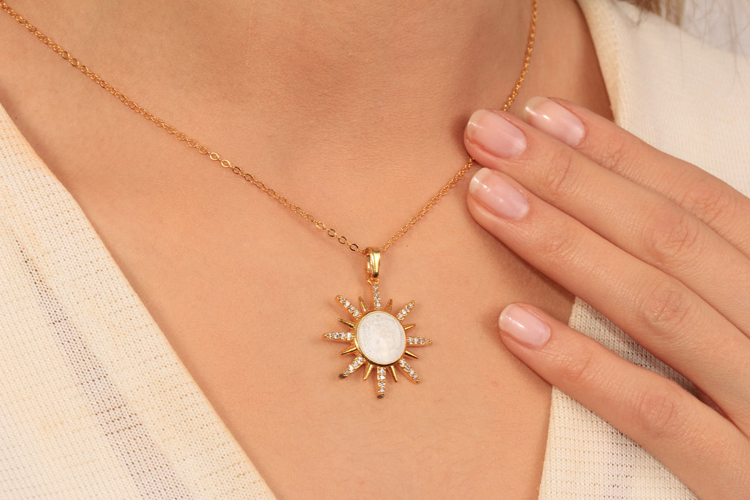17'' +2'' 24k Shiny Gold Micro Pave Sun Pendant Ready Necklace, CZ Sun Charm Necklace, DC18-22