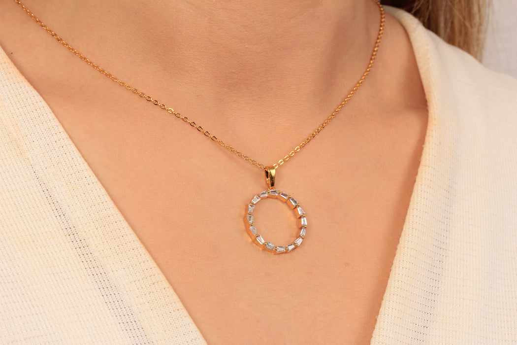 17'' +2'' 24k Shiny Gold CZ Baguette Stone Circle Ready Necklace, White Stone Eternity Crystal Pendant Dainty Necklace, DC18-23