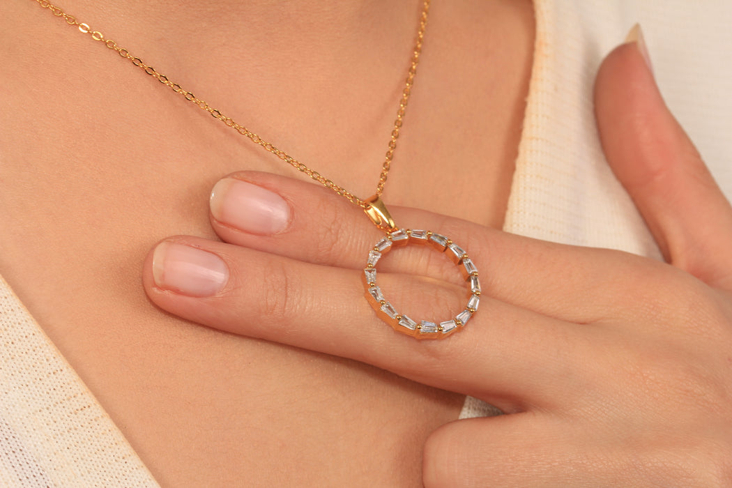 17'' +2'' 24k Shiny Gold CZ Baguette Stone Circle Ready Necklace, White Stone Eternity Crystal Pendant Dainty Necklace, DC18-23