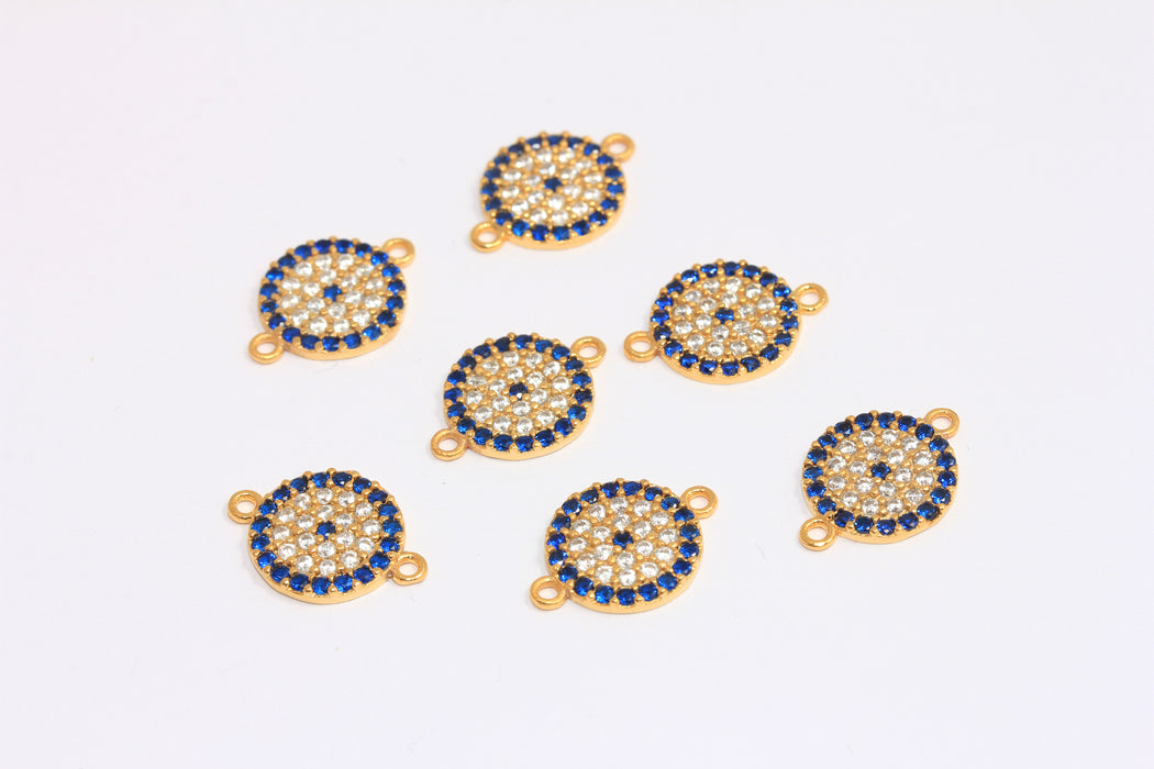 12mm 24k Shiny Gold CZ Evil Eye Charms, Micro Pave Evil Eye Connector Beads, ZRCN797
