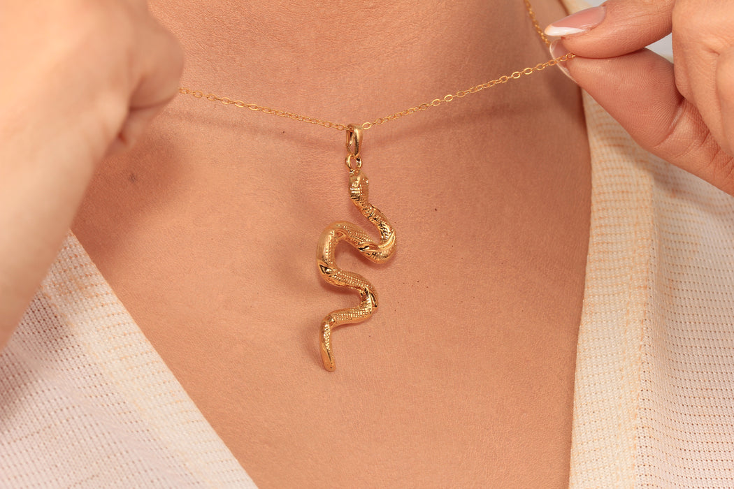 17'' +2'' 24k Shiny Gold Snake Charm Ready Necklace, Snake Pendant Dainty Necklace, DC191-3