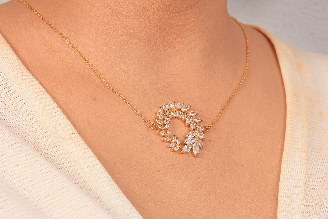 17'' +2'' 24k Shiny Gold CZ Baguette Stone Flower Ready Necklace, White Stone Crystal Flower Pendant Dainty Necklace, DC191-3