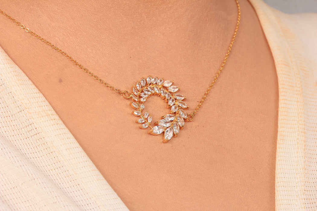 17'' +2'' 24k Shiny Gold CZ Baguette Stone Flower Ready Necklace, White Stone Crystal Flower Pendant Dainty Necklace, DC191-3